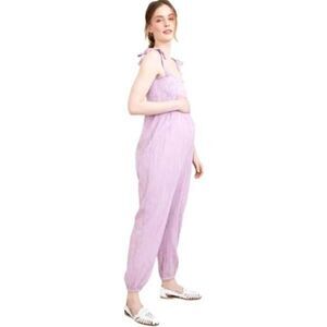 Hatch Maternity Jumpsuit JOJO Purple Stripe Smocked Tie Shoulder SZ 3 (L 10/12)